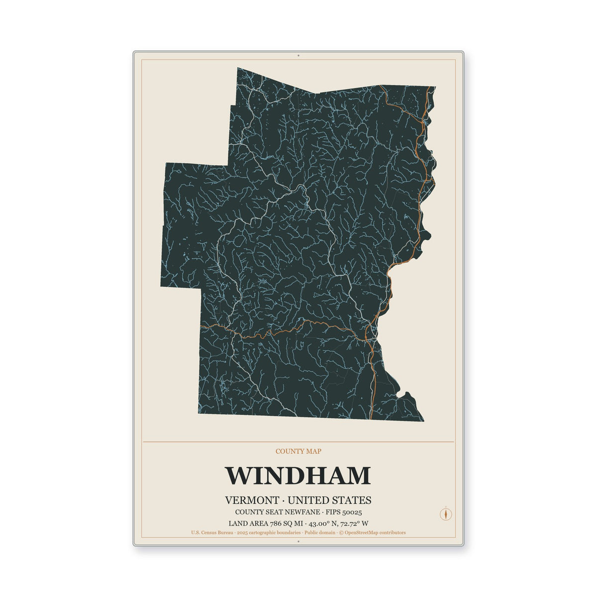 Windham County, Vermont Map Aluminum Sign in Headline Atlas style