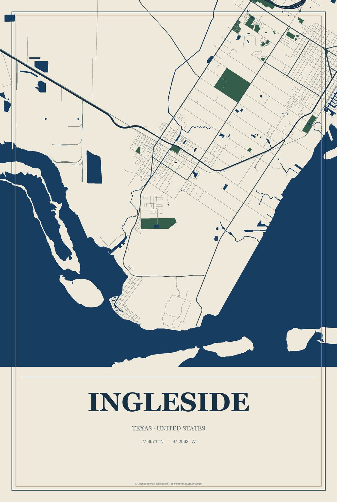 Ingleside, Texas City Map Aluminum Sign in Coastal Cutout style