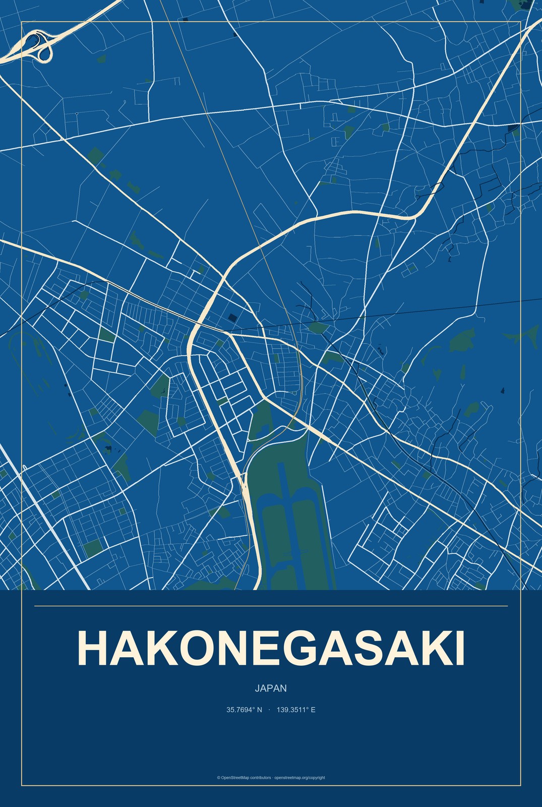 Hakonegasaki, Japan City Map Aluminum Sign in Harbor Cobalt style