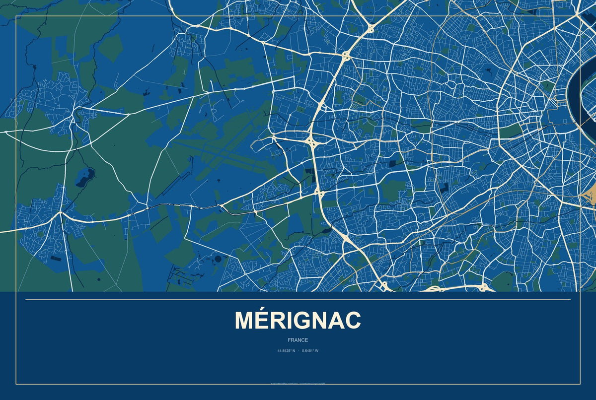 Mérignac, France City Map Aluminum Sign in Harbor Cobalt style