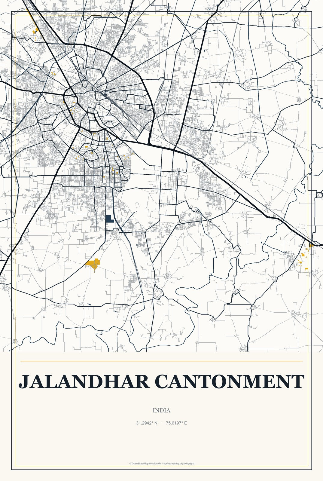 Jalandhar Cantonment, India City Map Aluminum Sign in Citrine Modern style