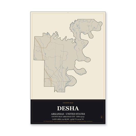 Desha County, Arkansas Map Aluminum Sign in Museum Plaque style