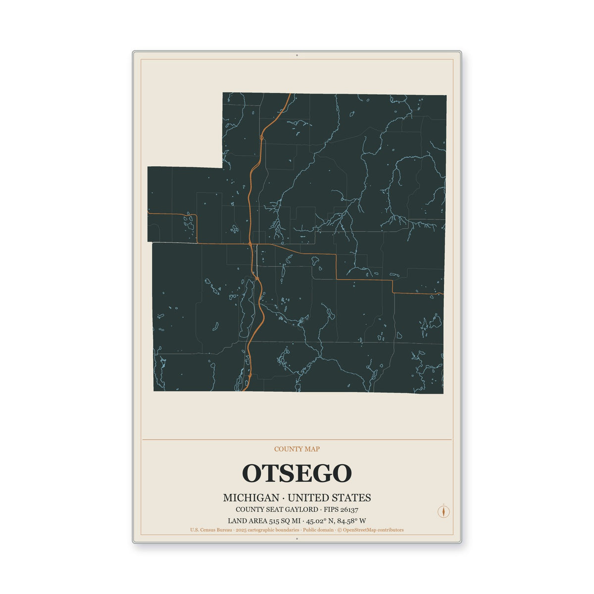 Otsego County, Michigan Map Aluminum Sign in Headline Atlas style