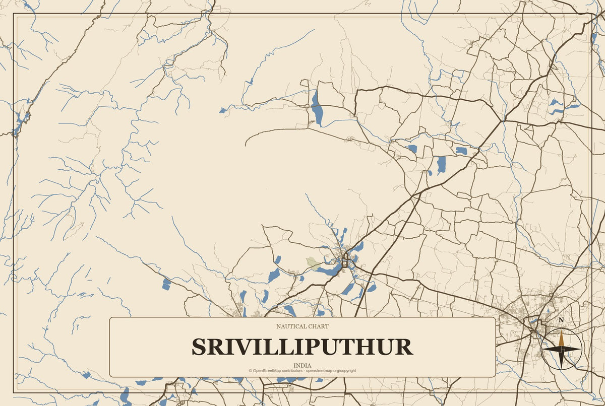 Srivilliputhur, India City Map Aluminum Sign in Heritage Nautical style