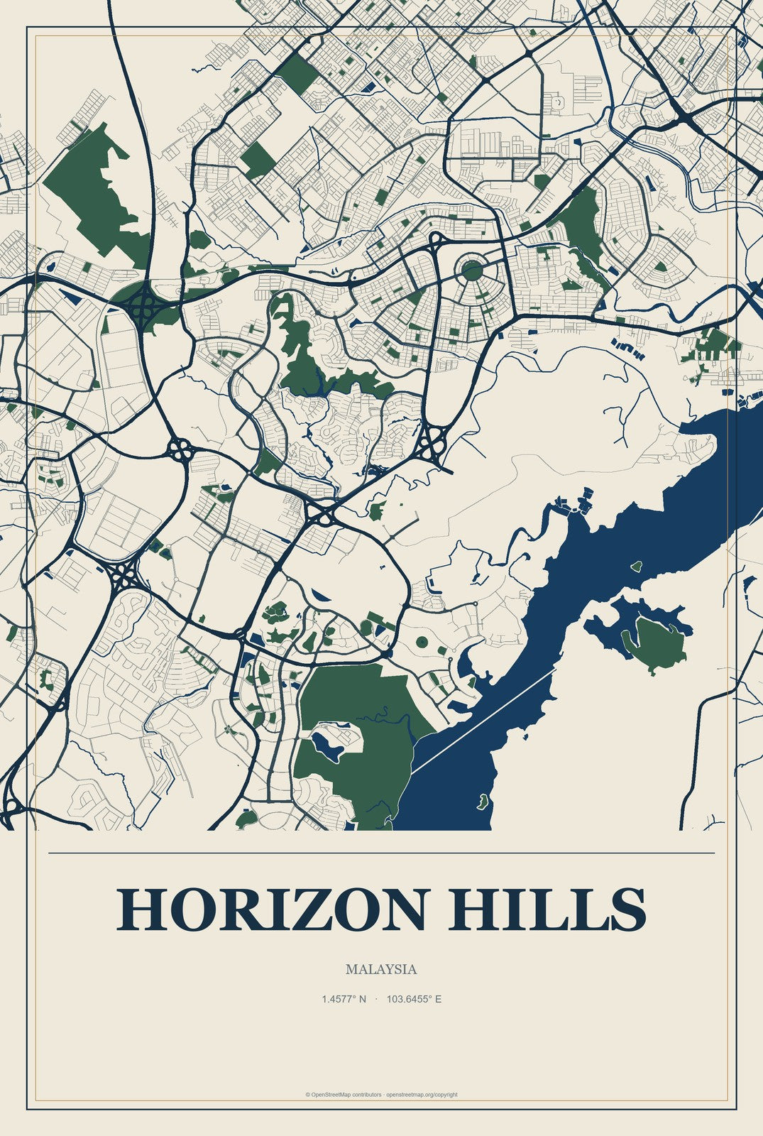 Horizon Hills, Malaysia City Map Aluminum Sign in Coastal Cutout style