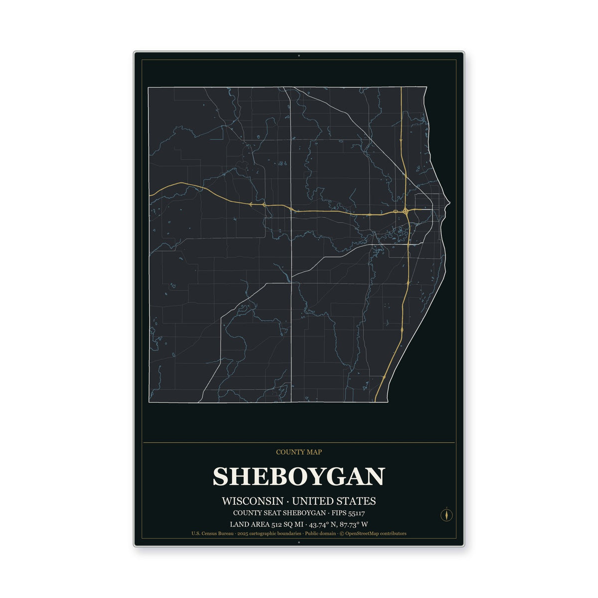 Sheboygan County, Wisconsin Map Aluminum Sign in Metropolitan Noir style