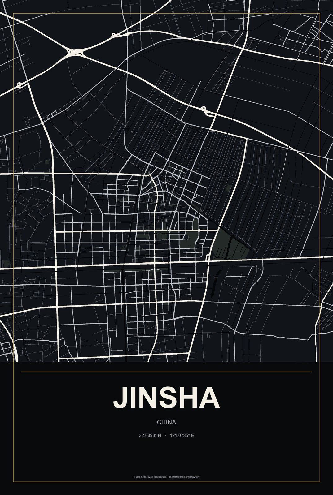 Jinsha, China City Map Aluminum Sign in Metropolitan Noir style