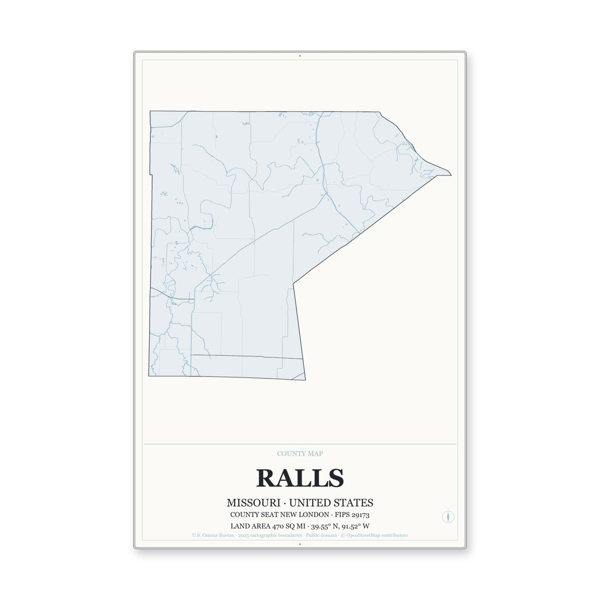 Ralls County, Missouri Map Aluminum Sign in Gallery Air style