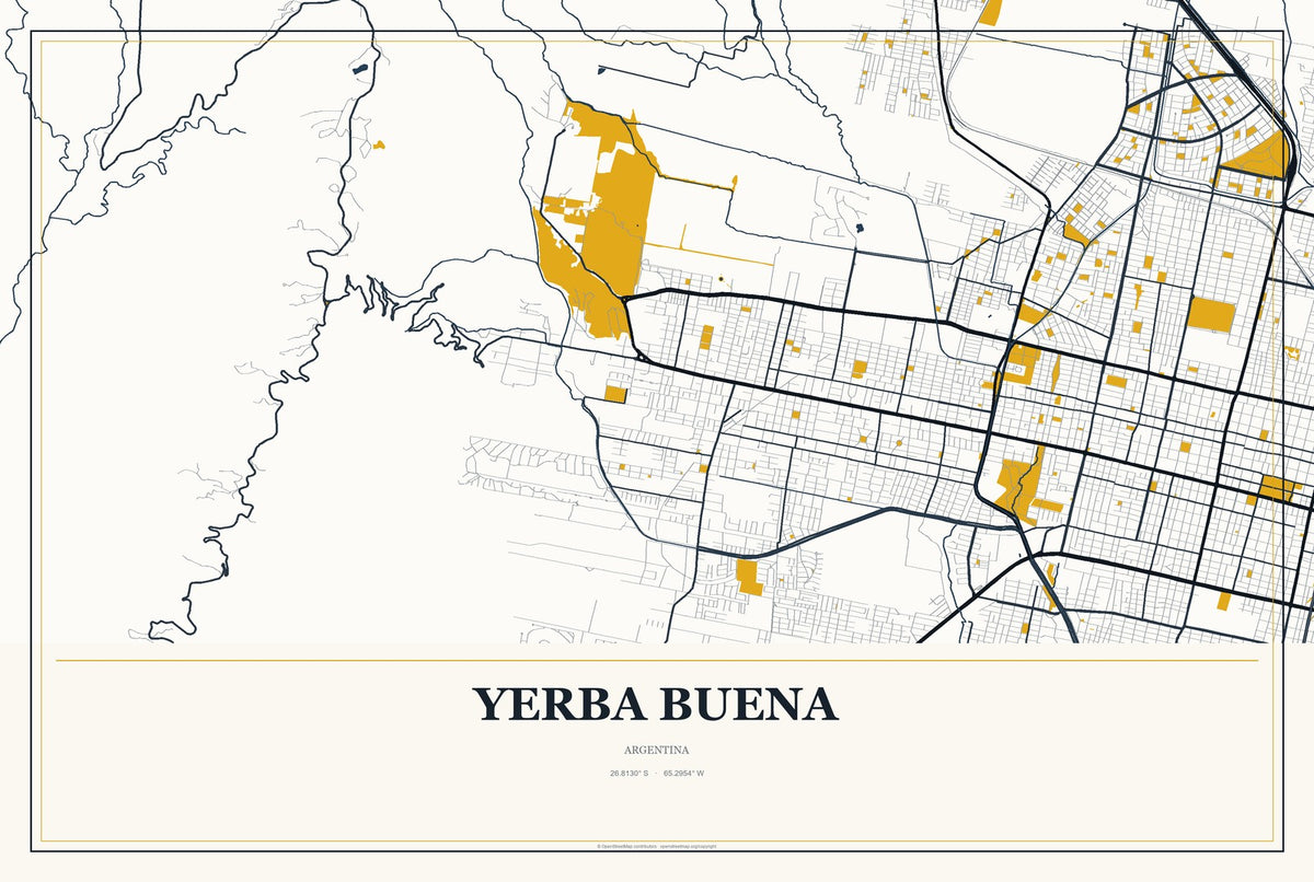 Yerba Buena, Argentina City Map Aluminum Sign in Citrine Modern style