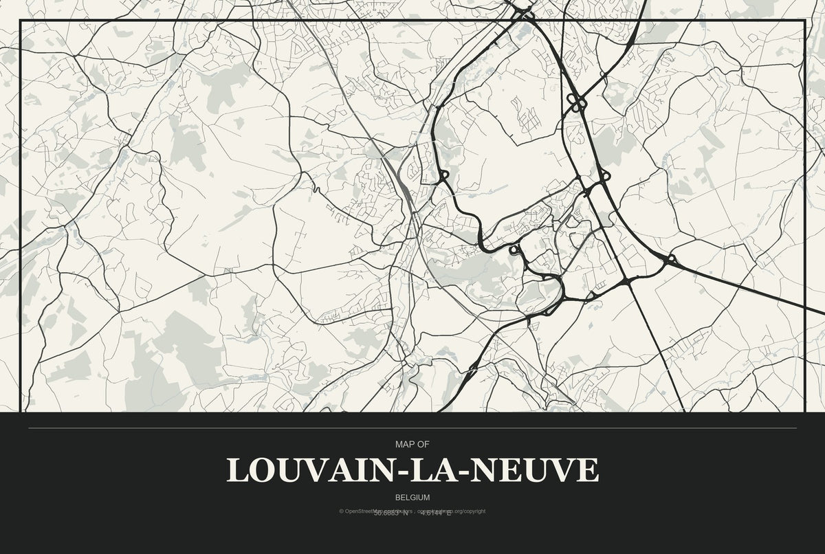 Louvain-la-Neuve, Belgium City Map Aluminum Sign in Museum Plaque style