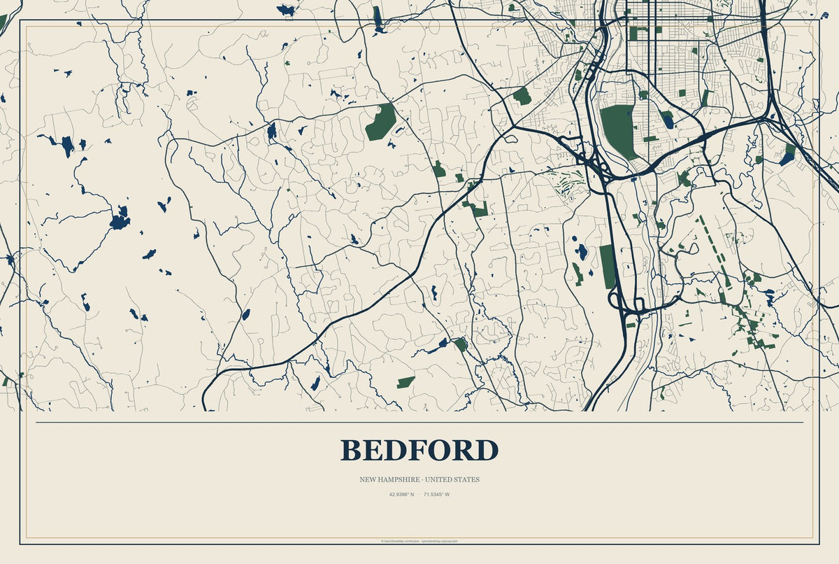 Bedford, New Hampshire City Map Aluminum Sign in Coastal Cutout style