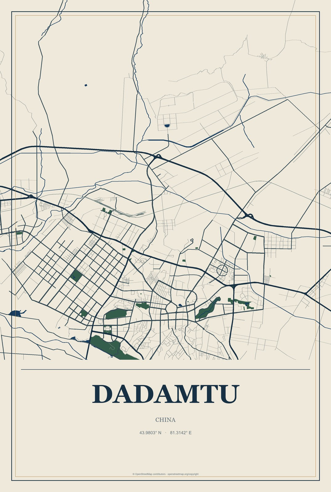 Dadamtu, China City Map Aluminum Sign in Coastal Cutout style