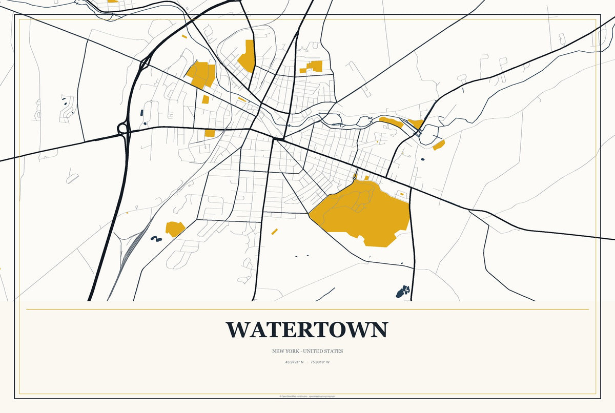 Watertown, New York City Map Aluminum Sign in Citrine Modern style