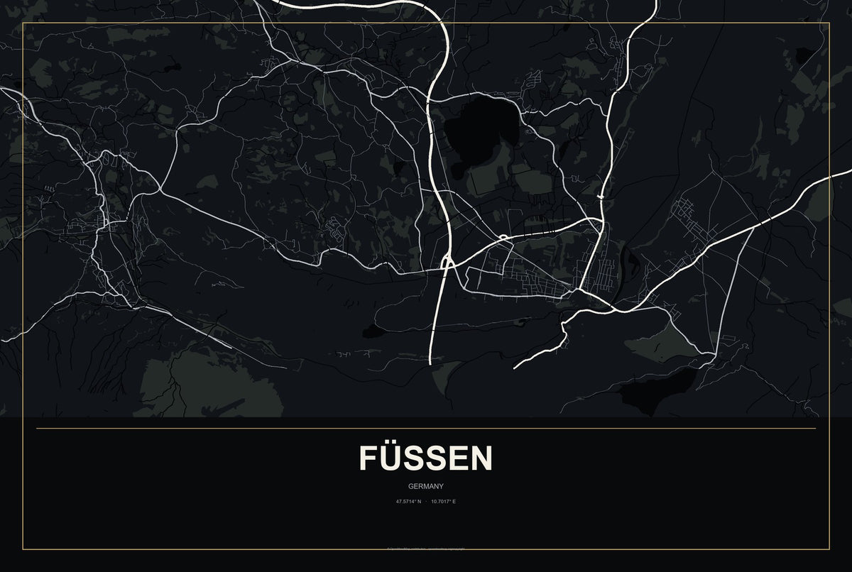 Füssen, Germany City Map Aluminum Sign in Metropolitan Noir style