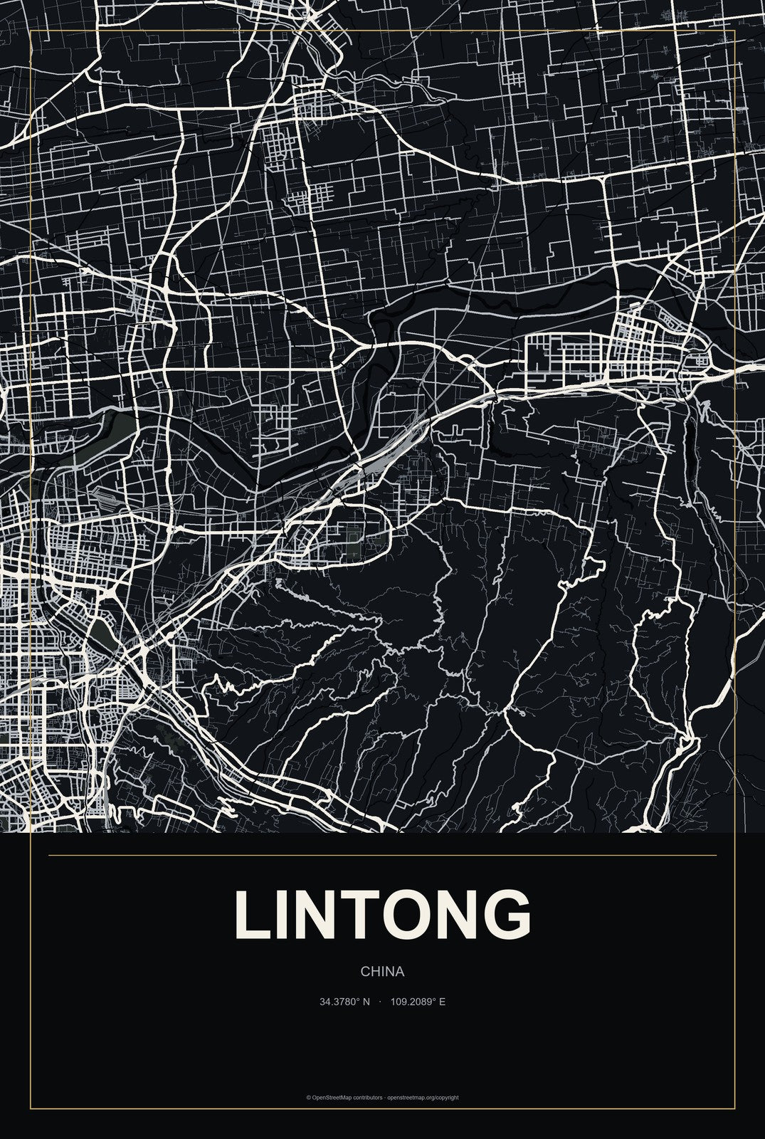 Lintong, China City Map Aluminum Sign in Metropolitan Noir style