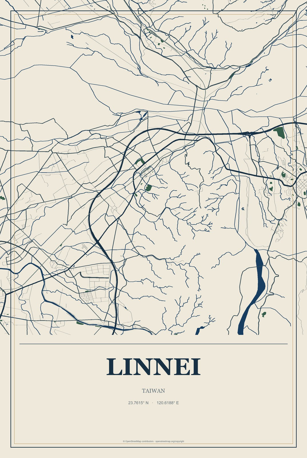 Linnei, Taiwan City Map Aluminum Sign in Coastal Cutout style