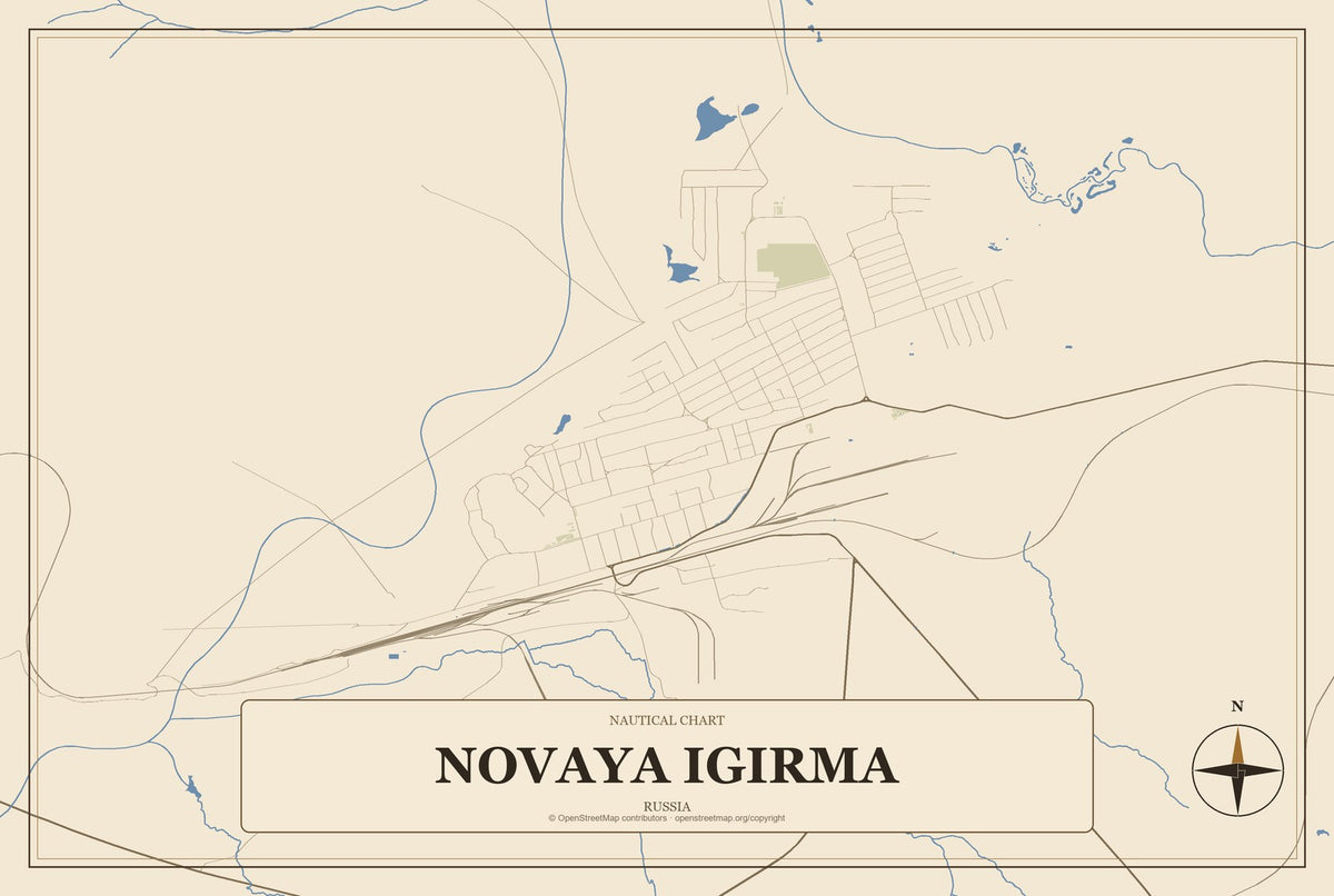 Novaya Igirma, Russia City Map Aluminum Sign in Heritage Nautical style