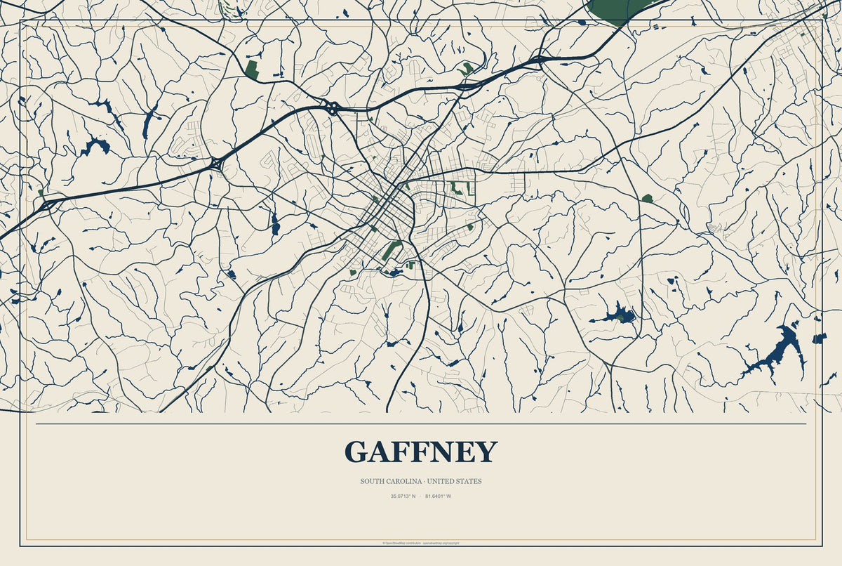 Gaffney, South Carolina City Map Aluminum Sign in Coastal Cutout style
