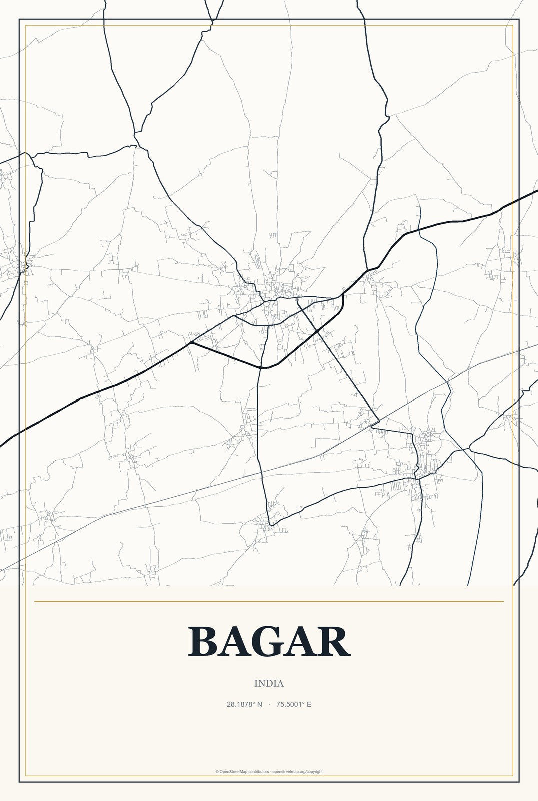 Bagar, India City Map Aluminum Sign in Citrine Modern style
