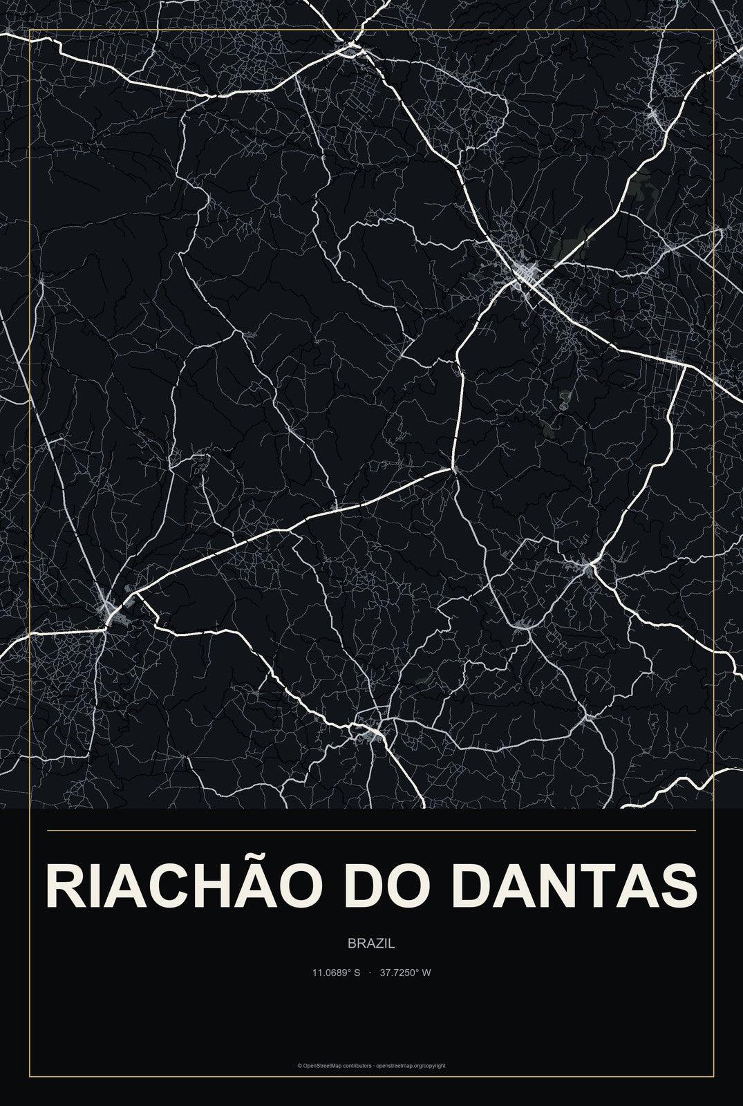 Riachão do Dantas, Brazil City Map Aluminum Sign in Metropolitan Noir style