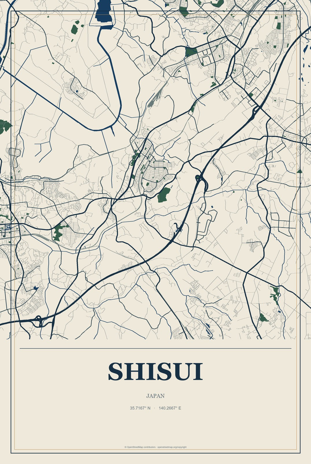 Shisui, Japan City Map Aluminum Sign in Coastal Cutout style