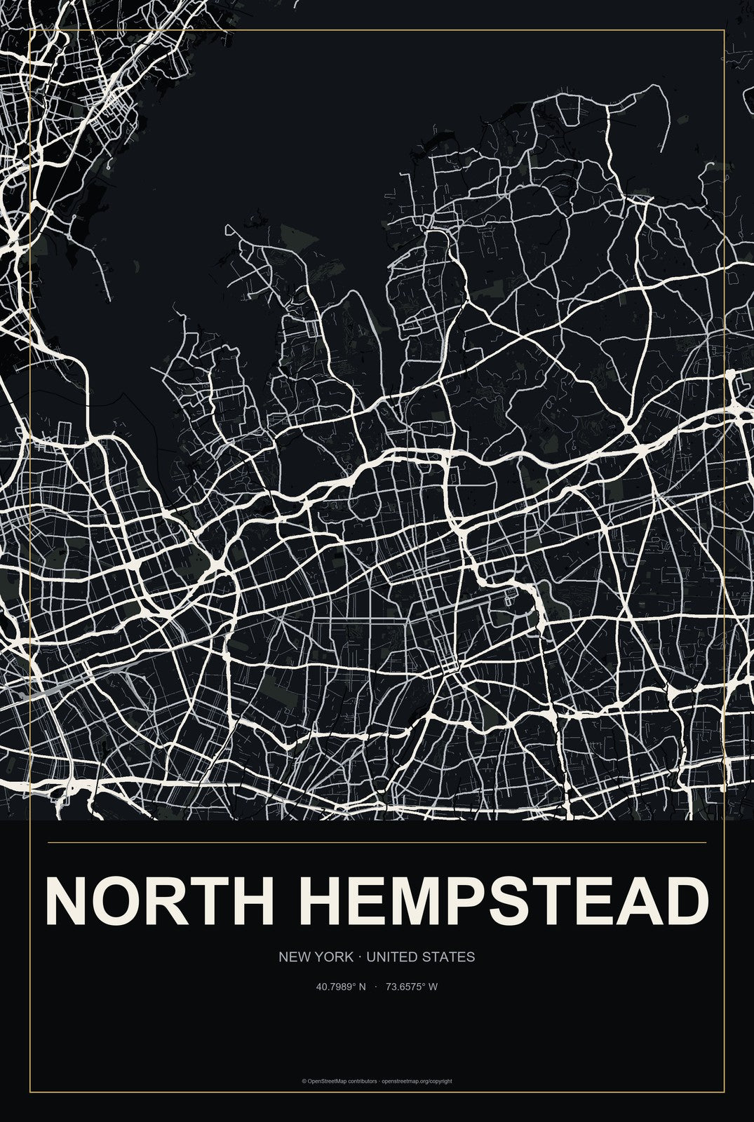 North Hempstead, New York City Map Aluminum Sign in Metropolitan Noir style