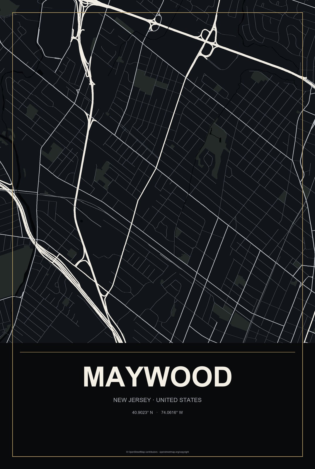 Maywood, New Jersey City Map Aluminum Sign in Metropolitan Noir style