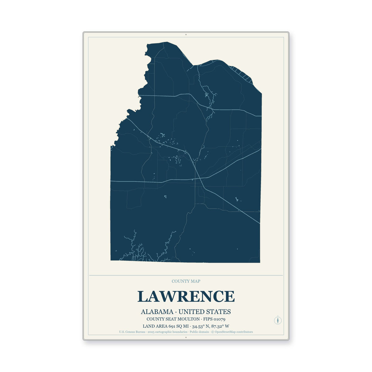 Lawrence County, Alabama Map Aluminum Sign in Coastal Cutout style