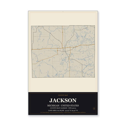 Jackson County, Michigan Map Aluminum Sign in Museum Plaque style