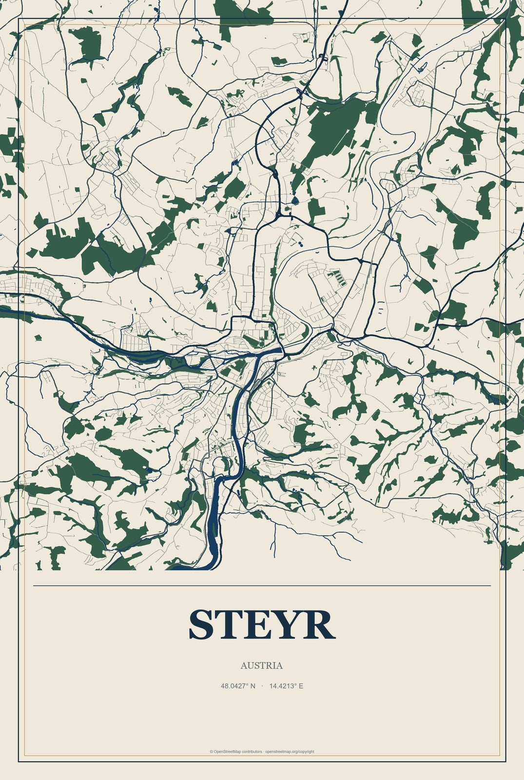 Steyr, Austria City Map Aluminum Sign in Coastal Cutout style