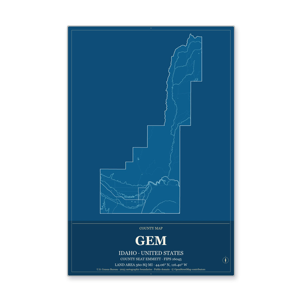 Gem County, Idaho Map Aluminum Sign in Harbor Cobalt style