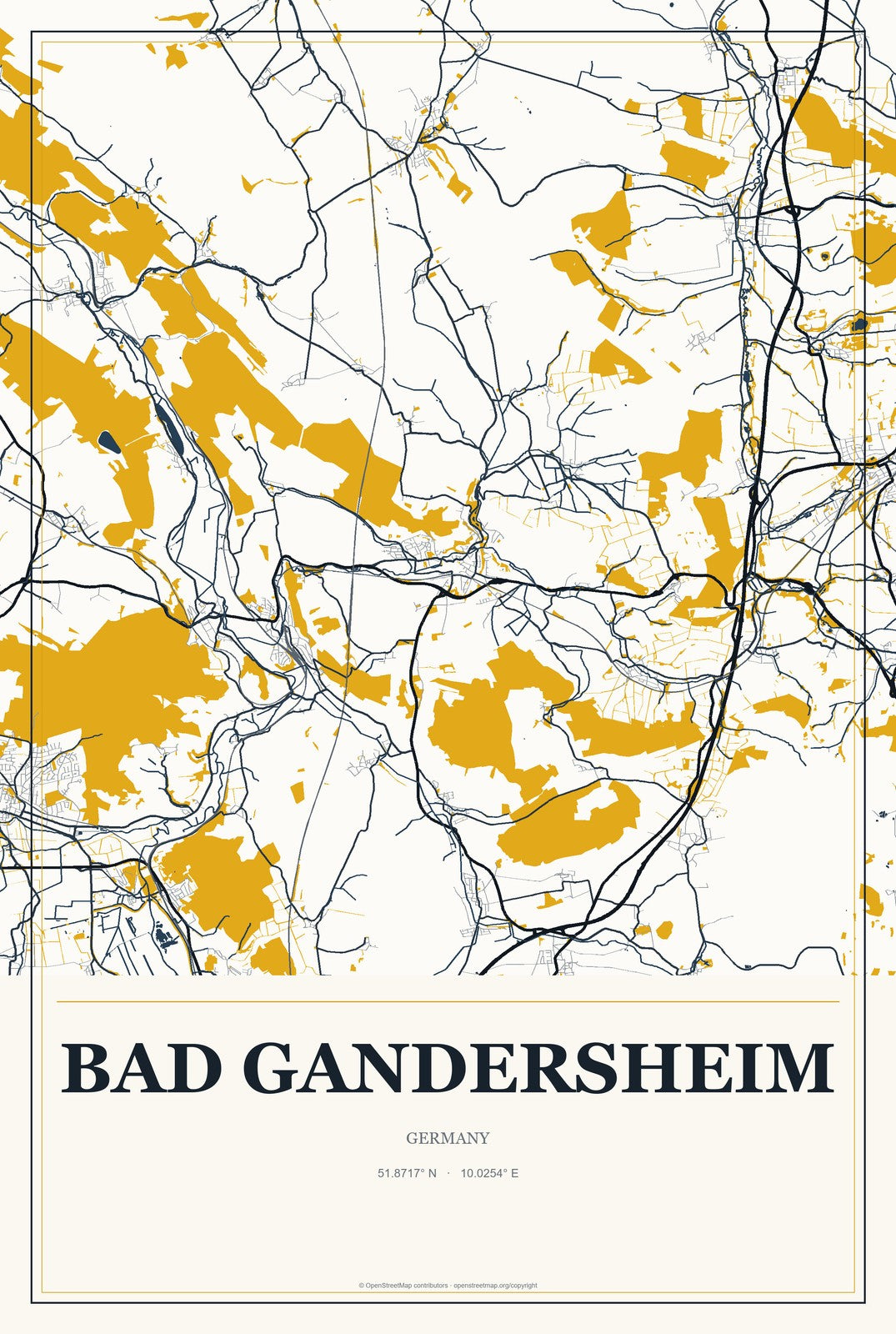 Bad Gandersheim, Germany City Map Aluminum Sign in Citrine Modern style