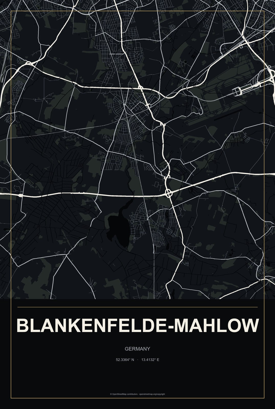 Blankenfelde-Mahlow, Germany City Map Aluminum Sign in Metropolitan Noir style