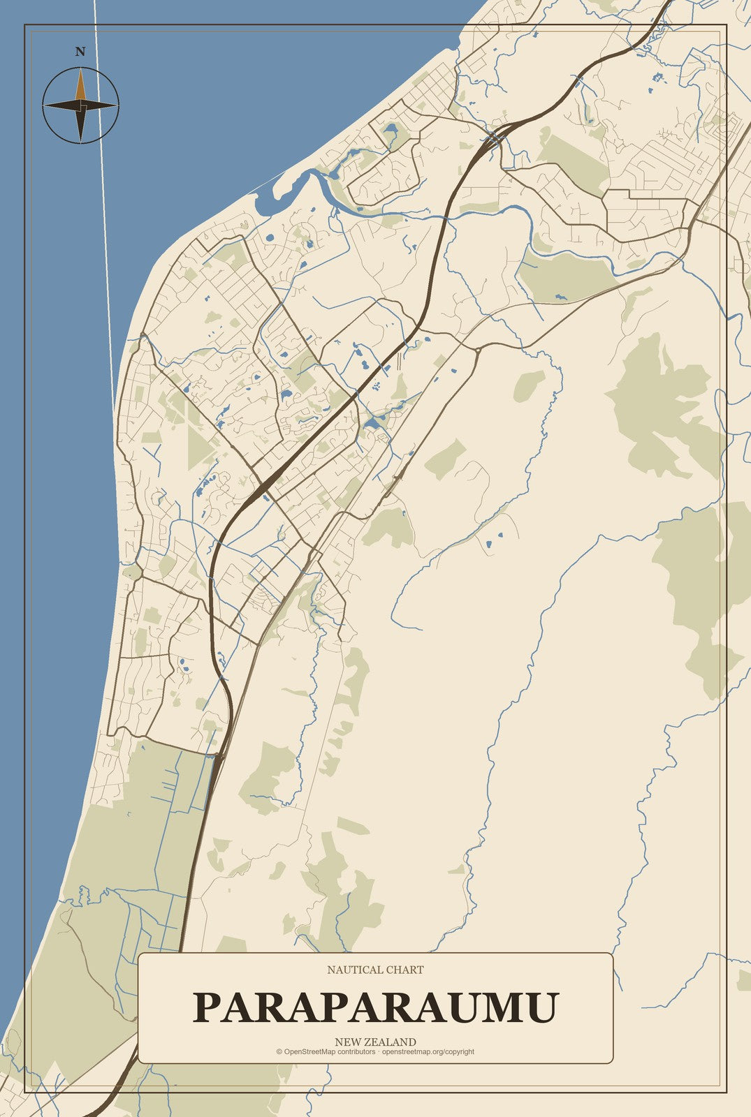Paraparaumu, New Zealand City Map Aluminum Sign in Heritage Nautical style