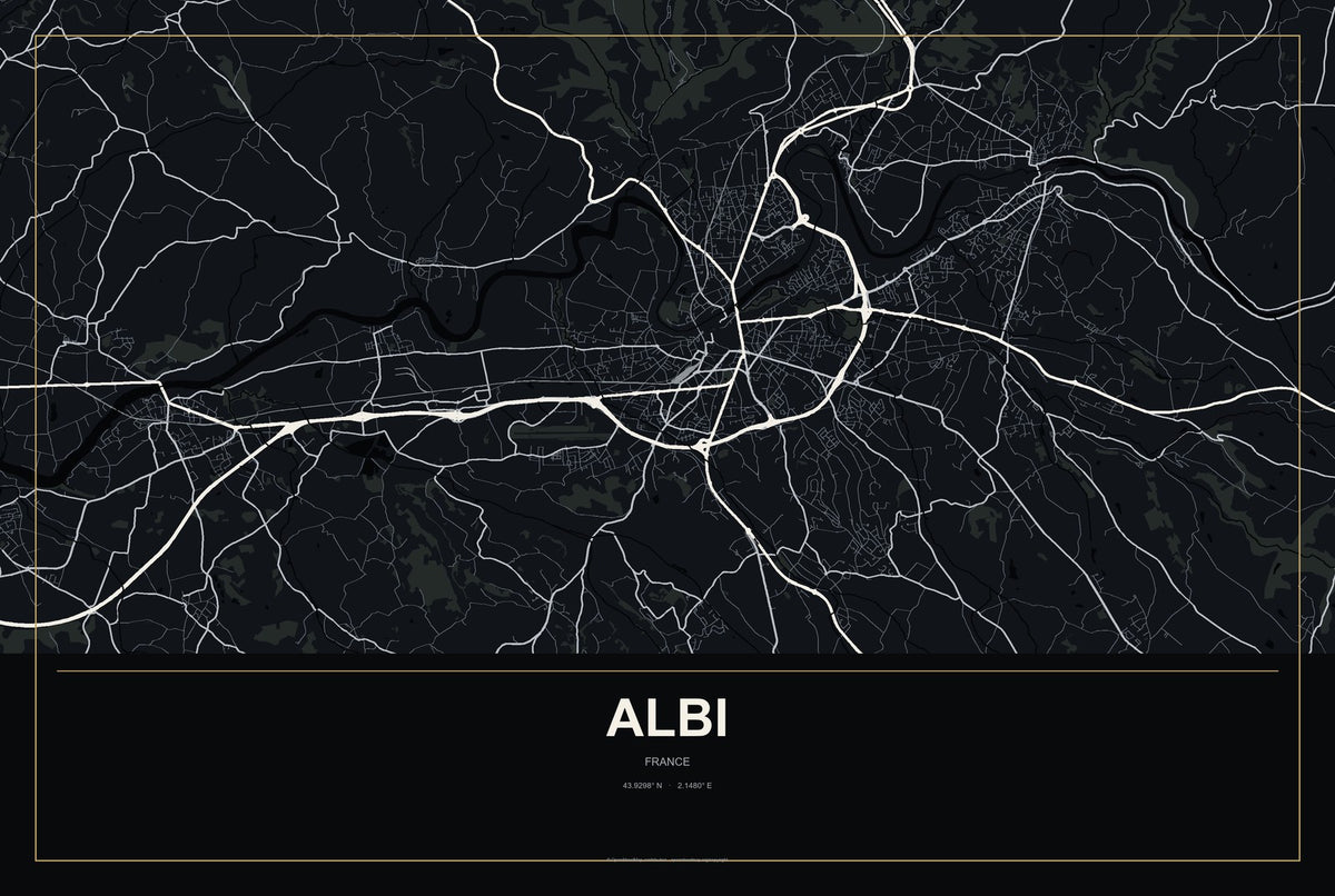 Albi, France City Map Aluminum Sign in Metropolitan Noir style