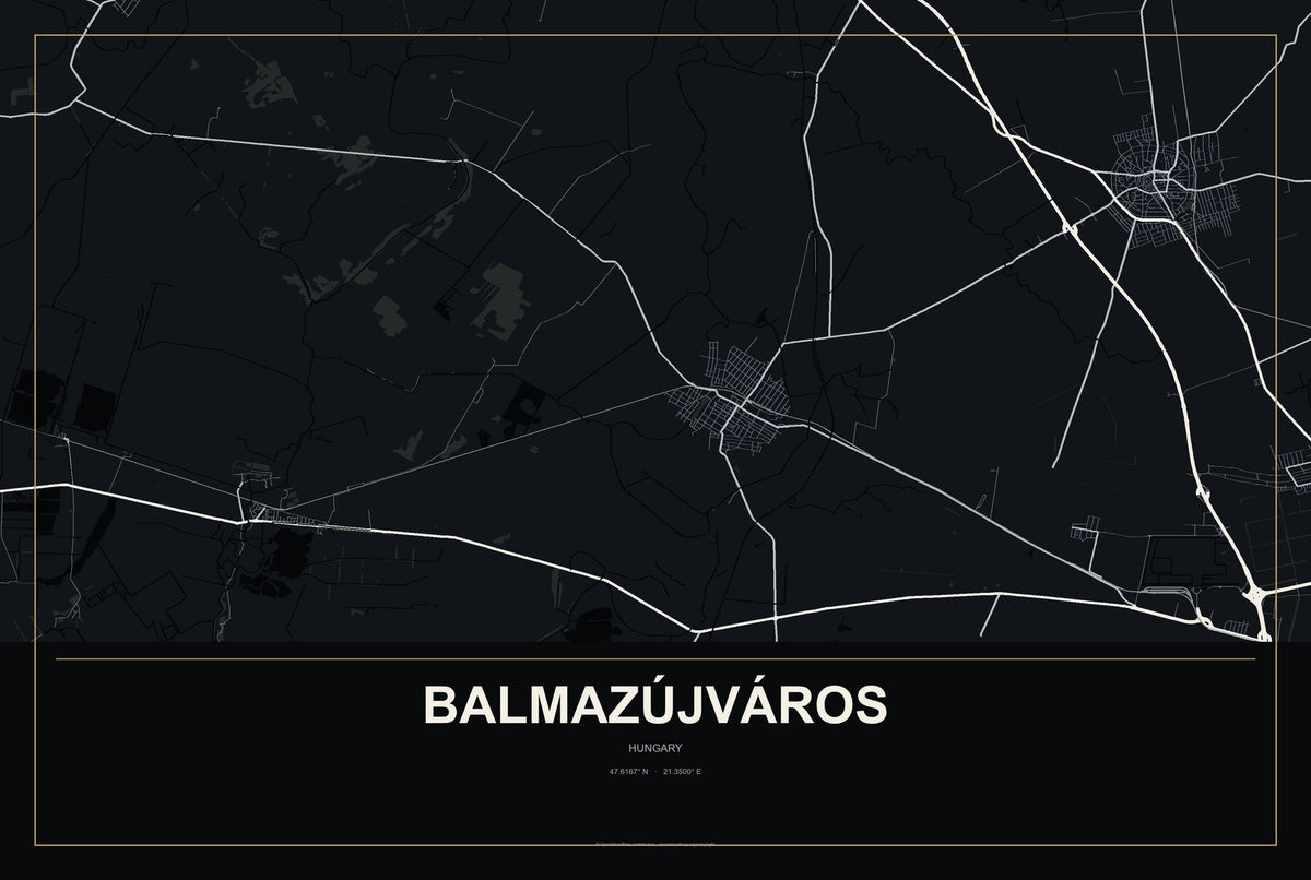 Balmazújváros, Hungary City Map Aluminum Sign in Metropolitan Noir style