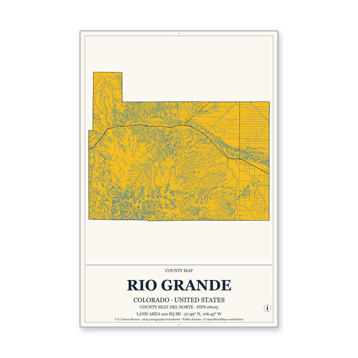 Rio Grande County, Colorado Map Aluminum Sign in Citrine Modern style