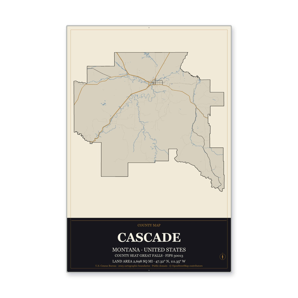 Cascade County, Montana Map Aluminum Sign in Museum Plaque style