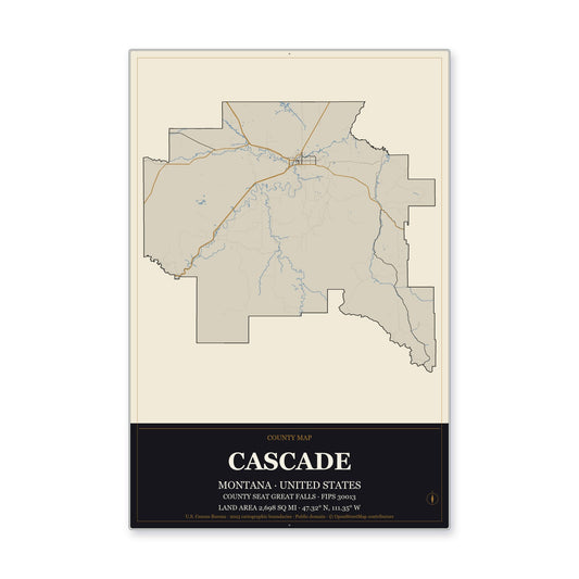 Cascade County, Montana Map Aluminum Sign in Museum Plaque style