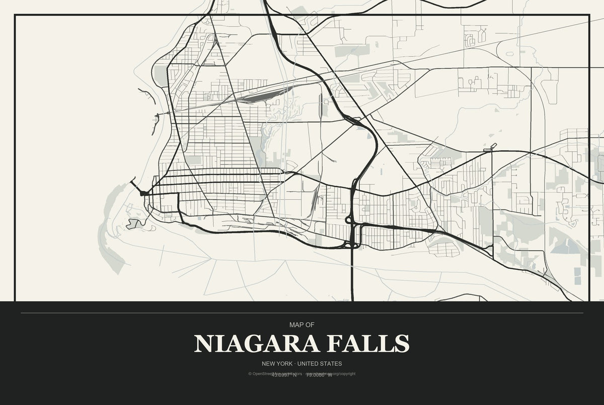 Niagara Falls, New York City Map Aluminum Sign in Museum Plaque style