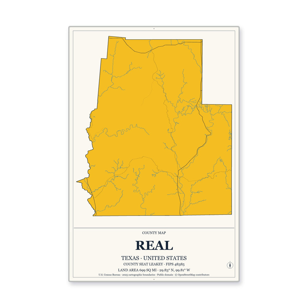Real County, Texas Map Aluminum Sign in Citrine Modern style