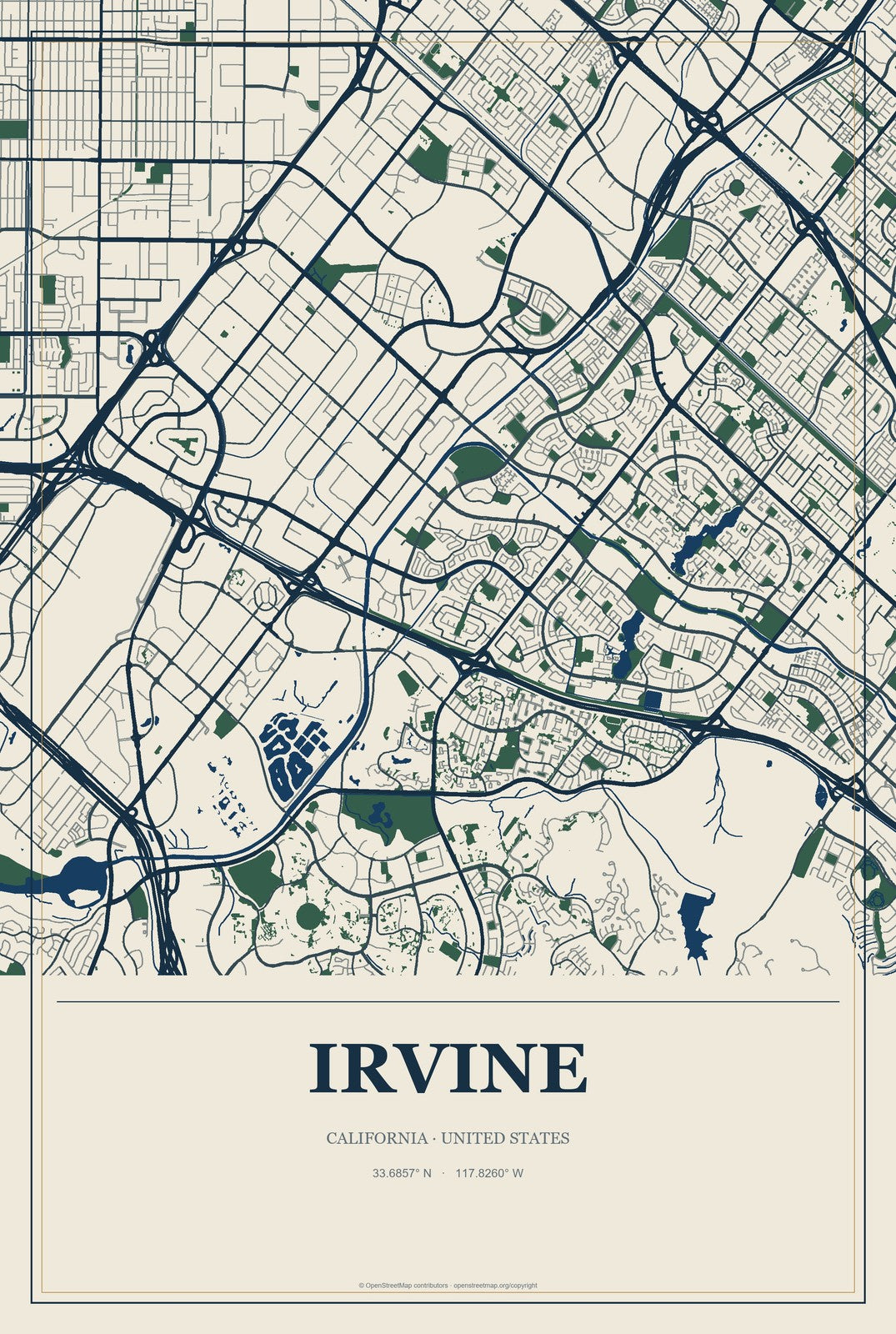 Irvine, California City Map Aluminum Sign in Coastal Cutout style