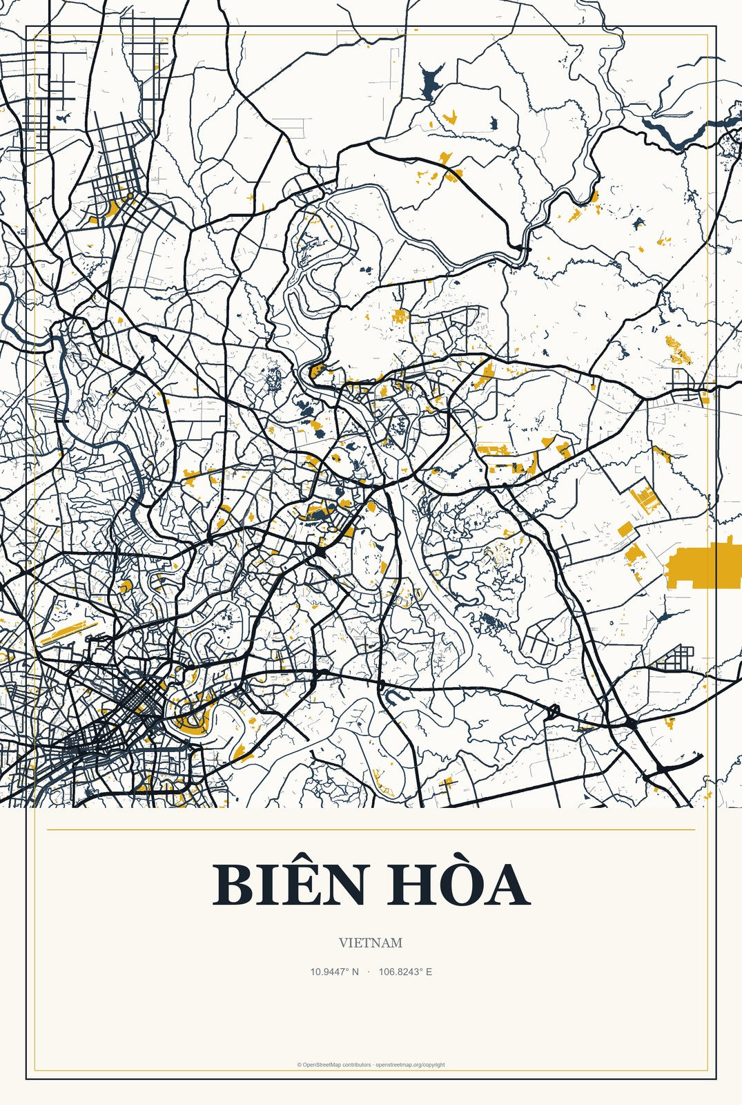 Biên Hòa, Vietnam City Map Aluminum Sign in Citrine Modern style