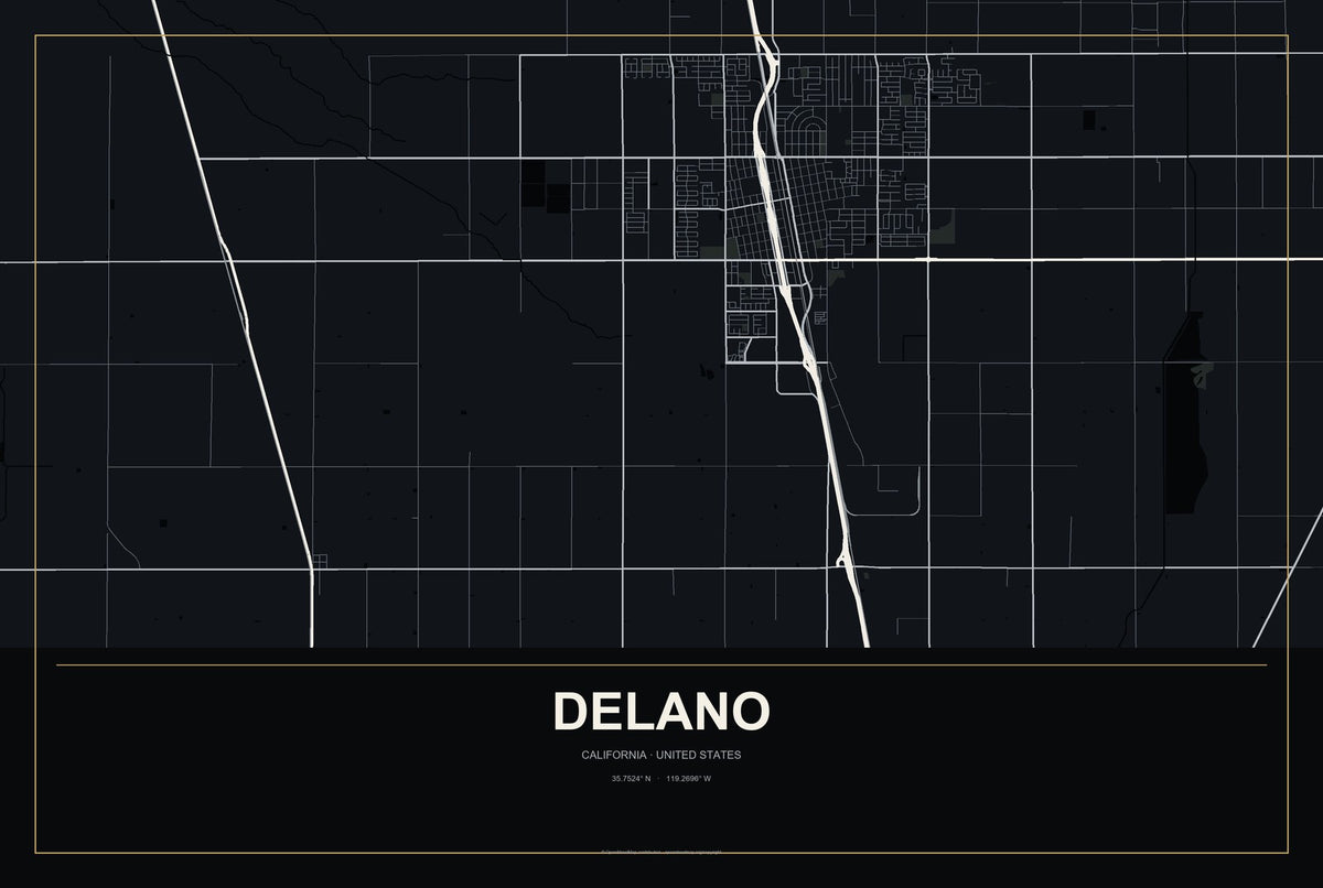Delano, California City Map Aluminum Sign in Metropolitan Noir style