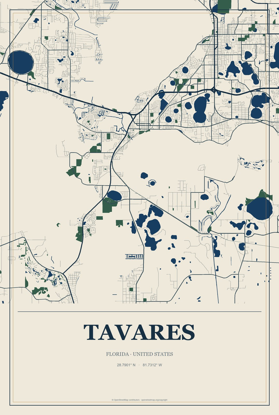 Tavares, Florida City Map Aluminum Sign in Coastal Cutout style