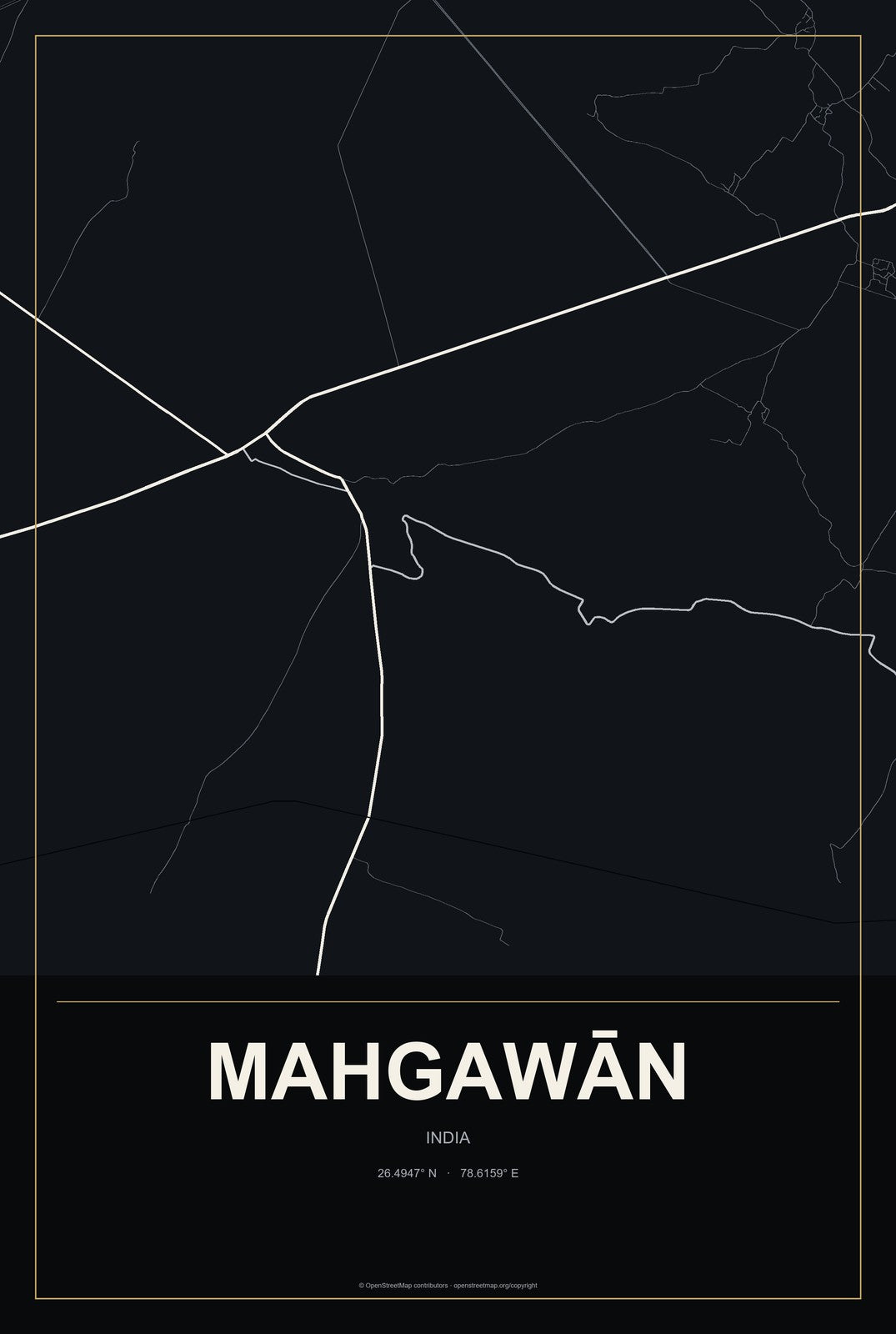 Mahgawān, India City Map Aluminum Sign in Metropolitan Noir style