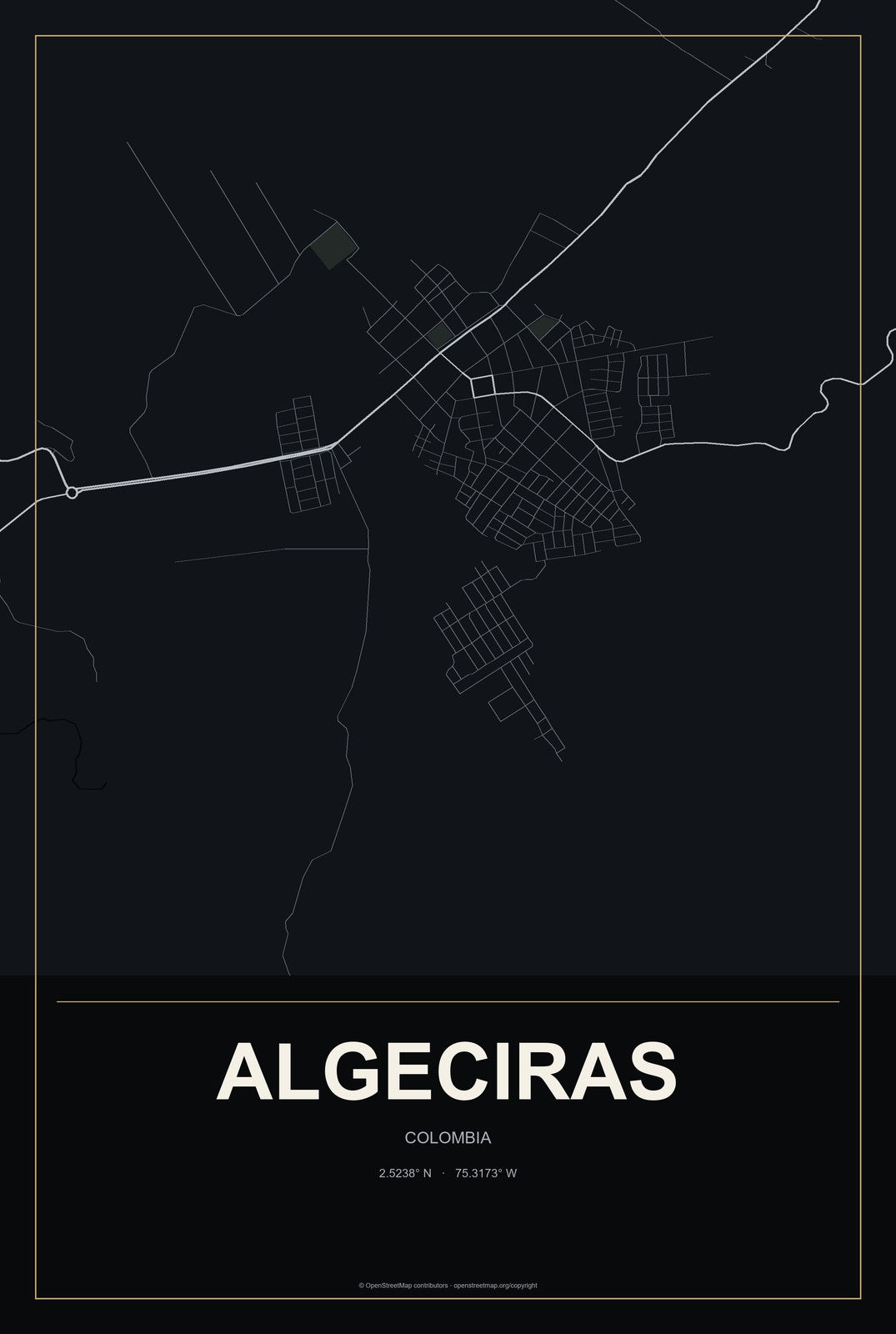 Algeciras, Colombia City Map Aluminum Sign in Metropolitan Noir style