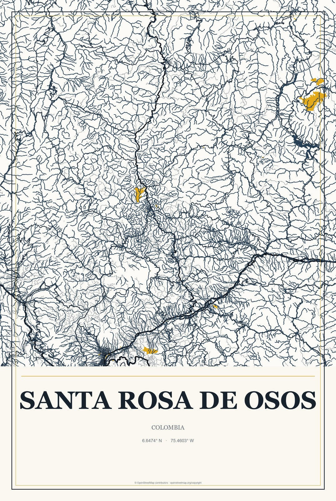 Santa Rosa de Osos, Colombia City Map Aluminum Sign in Citrine Modern style