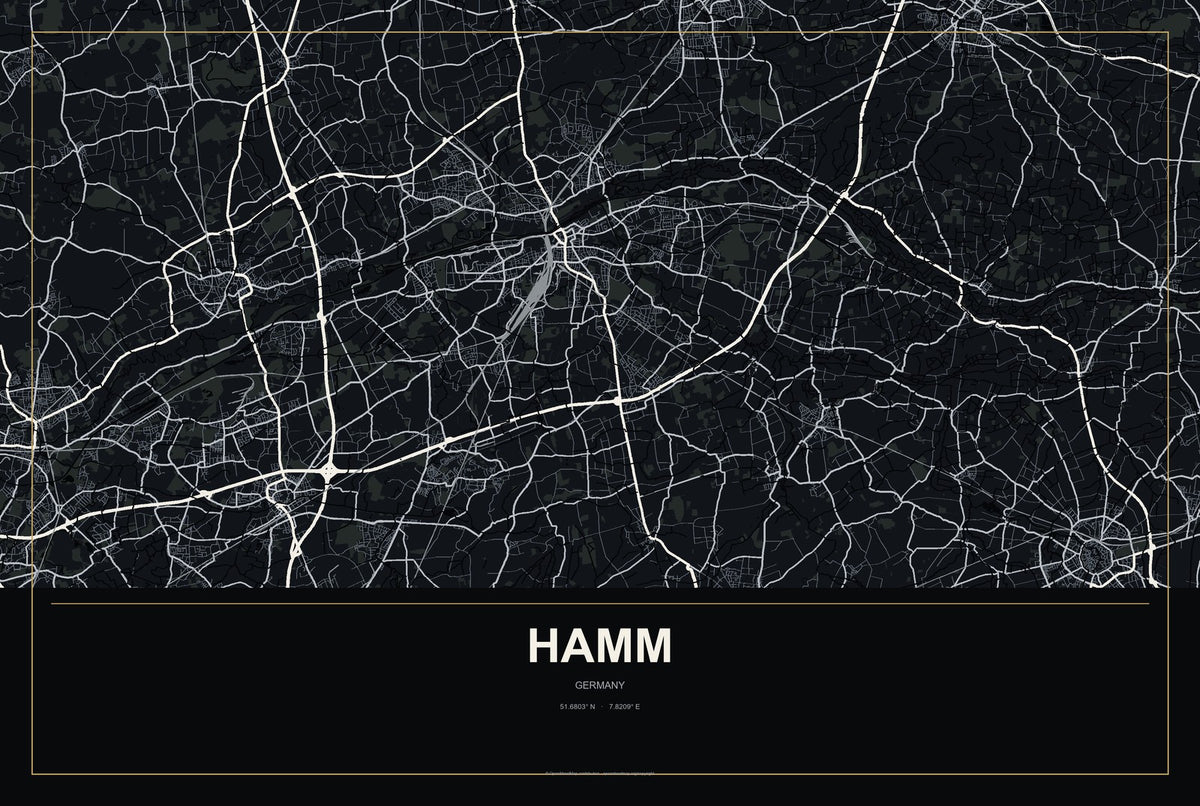 Hamm, Germany City Map Aluminum Sign in Metropolitan Noir style