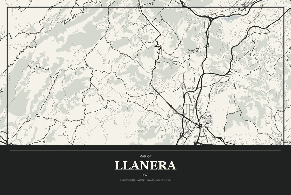 Llanera, Spain City Map Aluminum Sign in Museum Plaque style